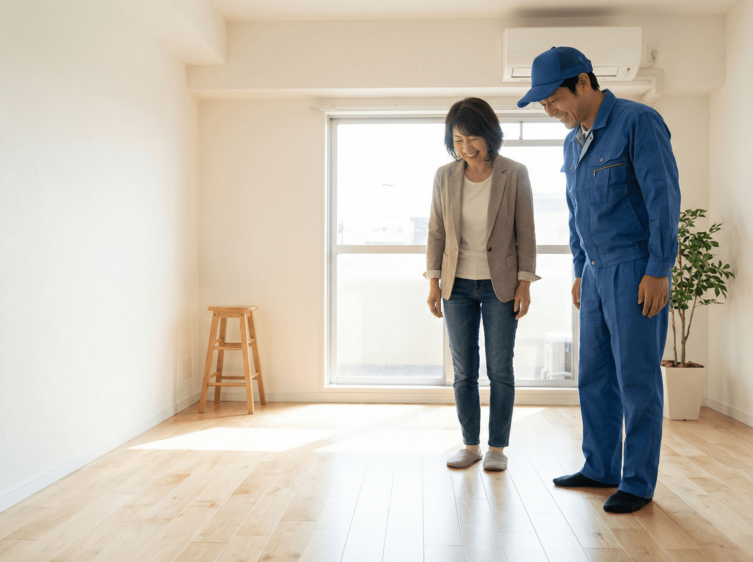 施工後、満足そうに仕上がりを確認するオーナーと代表