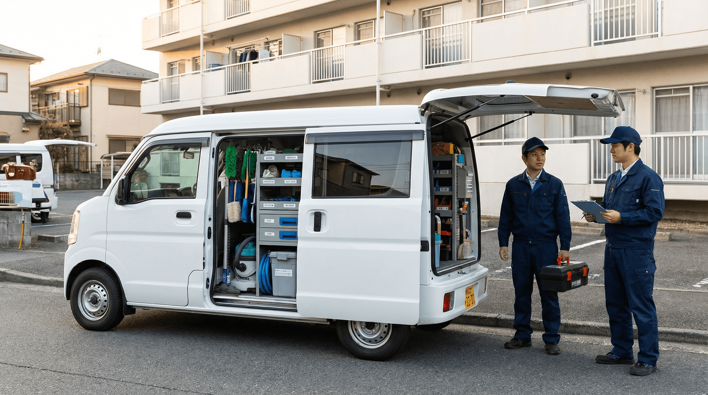 道具が整然と並んだ社用車とスタッフ